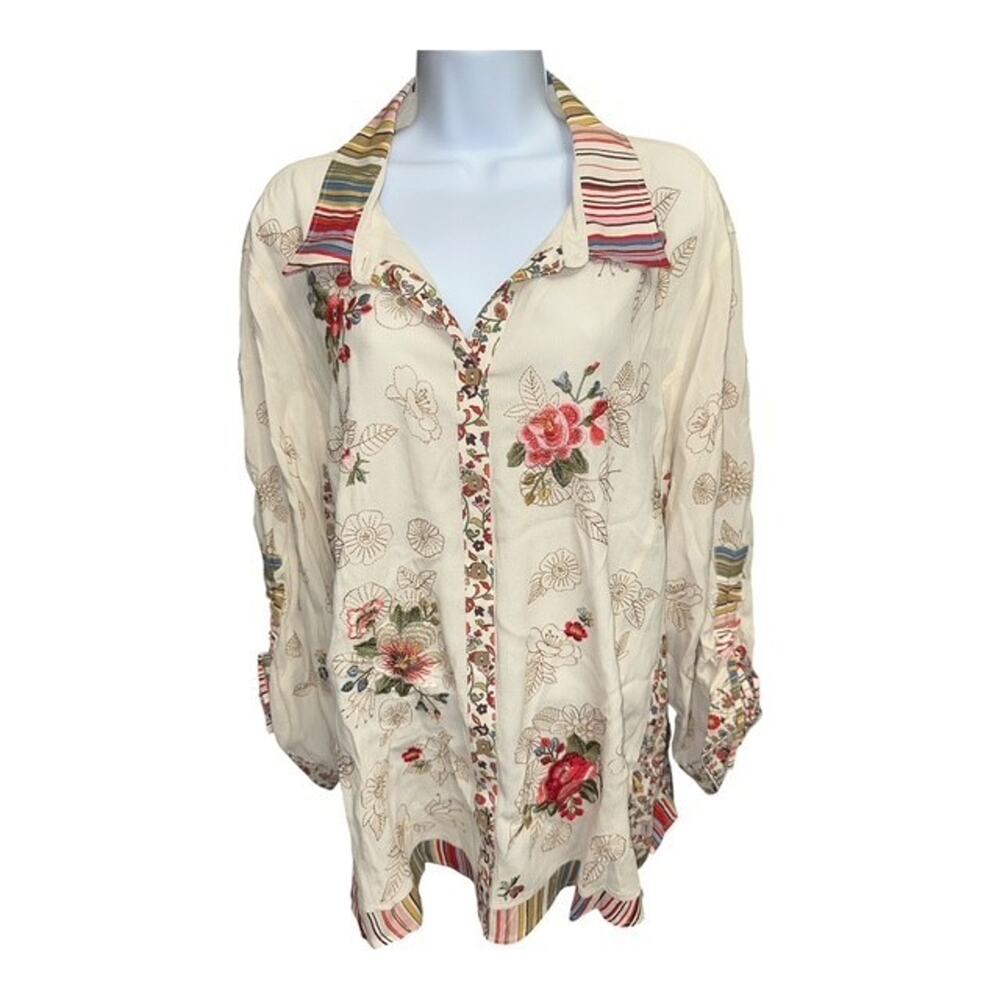 John Mark 2X Top BOHO Ivory Beige Pink Embroidered Floral Rayon Button Up Ties